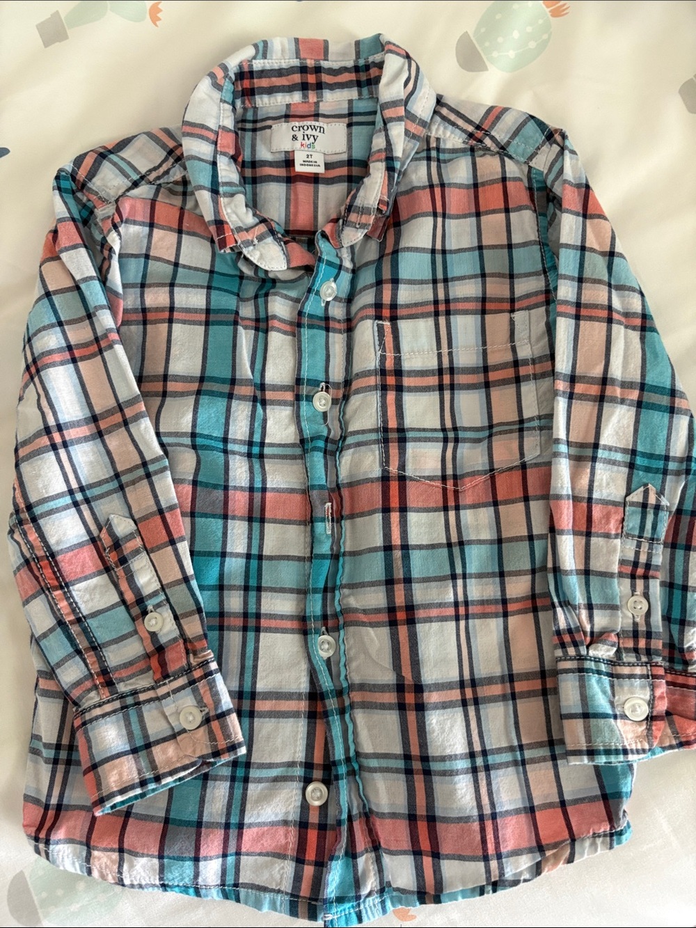 crown & ivy Kids Plaid Button-Down Shirt in Teal, Coral & White